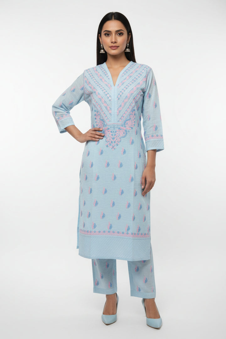 Pure Cotton Linen Lucknowi Chikankari Long Kurti | 100% Hand Embroidered | Non-Transparent | No Shrinkage