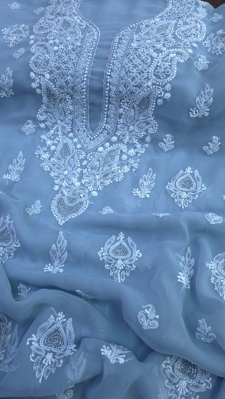 Alina Heavy Embellished Georgette Chikankari Unstitched Dress Material | Cutdana Handwork