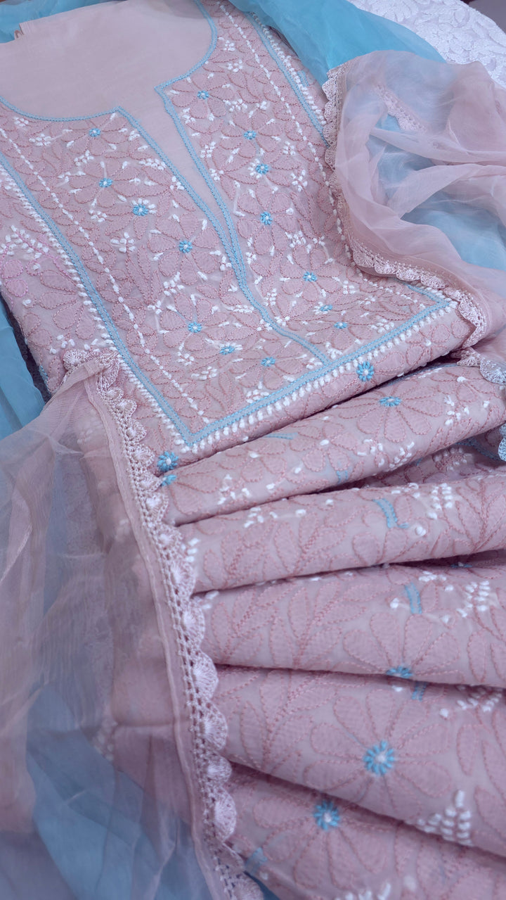 Lucknow Chikankari Hand Embroidered Cotton Dress Material with Tri-Color Motifs & Pure Chiffon Dupatta