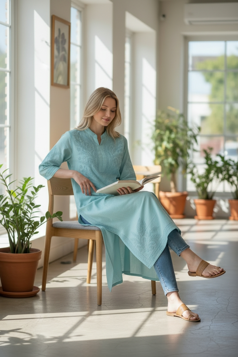 Soft Cotton Chikankari Hand Embroidered Kurti for Women | Premium Soft & Non-Transparent Fabric | 46 Inch Length | Lucknowi Chikan Kurta