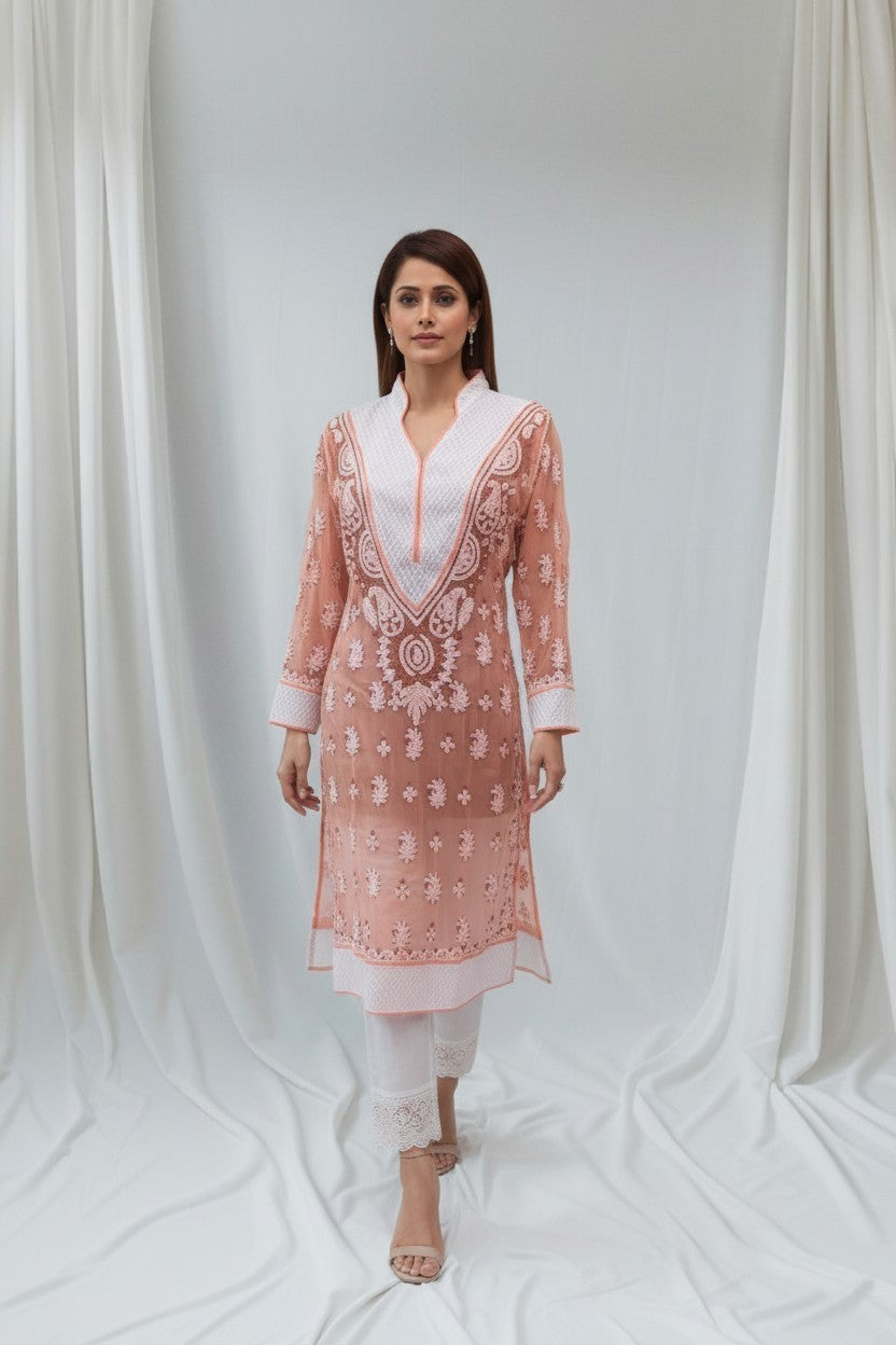 Women’s Georgette Chikankari Kurti – Designer Hand Embroidered Lucknowi Craft by Paridhan Chikan