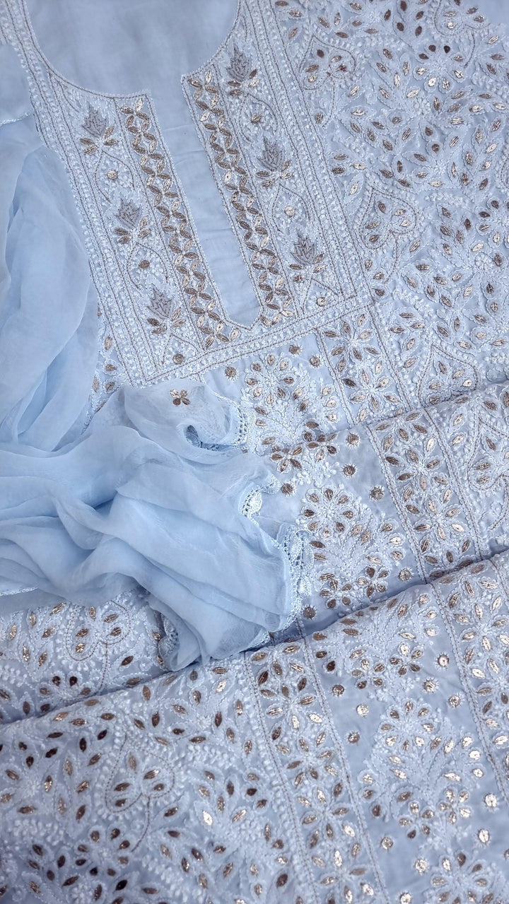Powder Blue Unstitched Soft Cotton Chikankari Suit Set – Aari, Kasab & Gotta Patti Embellished with Pure Chiffon Dupatta