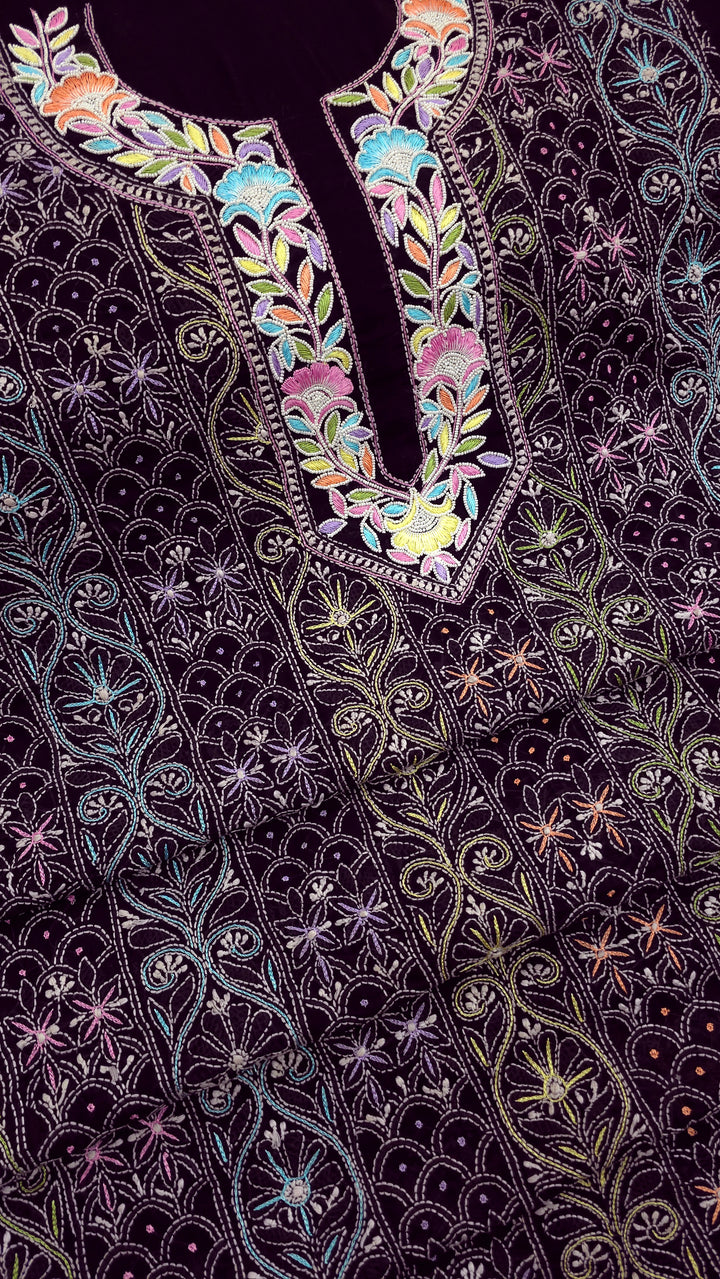 Cotton Resham Neckline chikankari dress material- Black