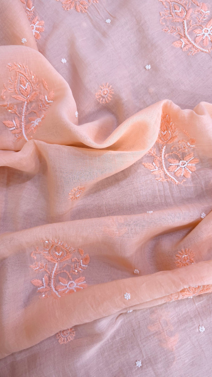 Hiba Premium Mul Chanderi Supersoft Dyeable Chikankari Dress Material | Hand Embroidered with Pearls & Cutdaana | Kurta & Dupatta Set