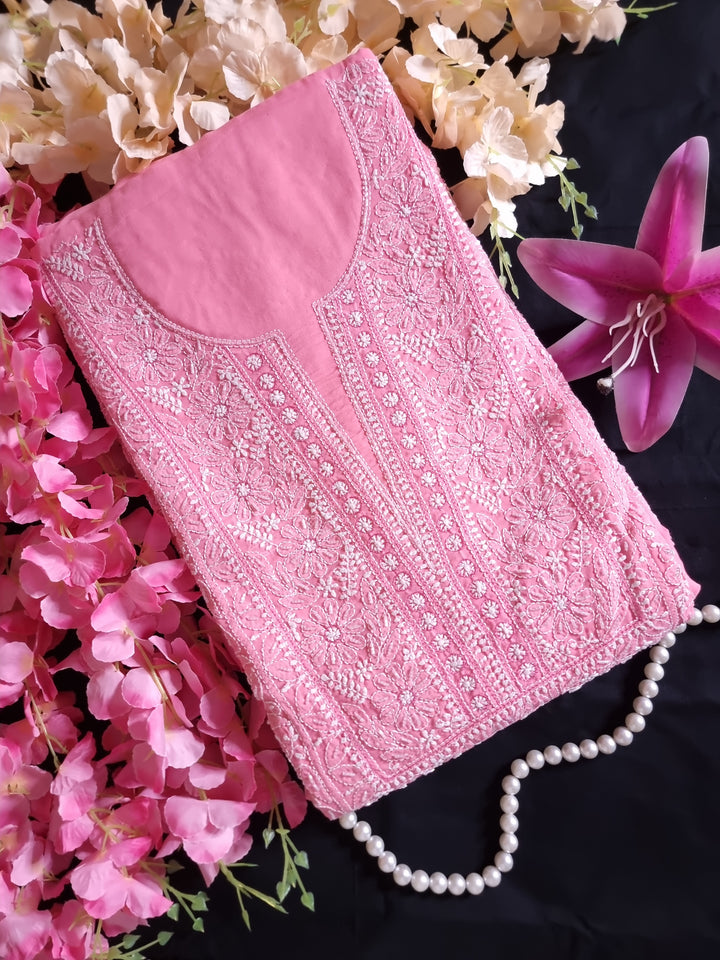 Unstitched Cotton Hand Embroidered Chikankari Dress Material with Cutdana, Resham & Badla Work | Pure Chiffon Dupatta | Lucknowi Artistry