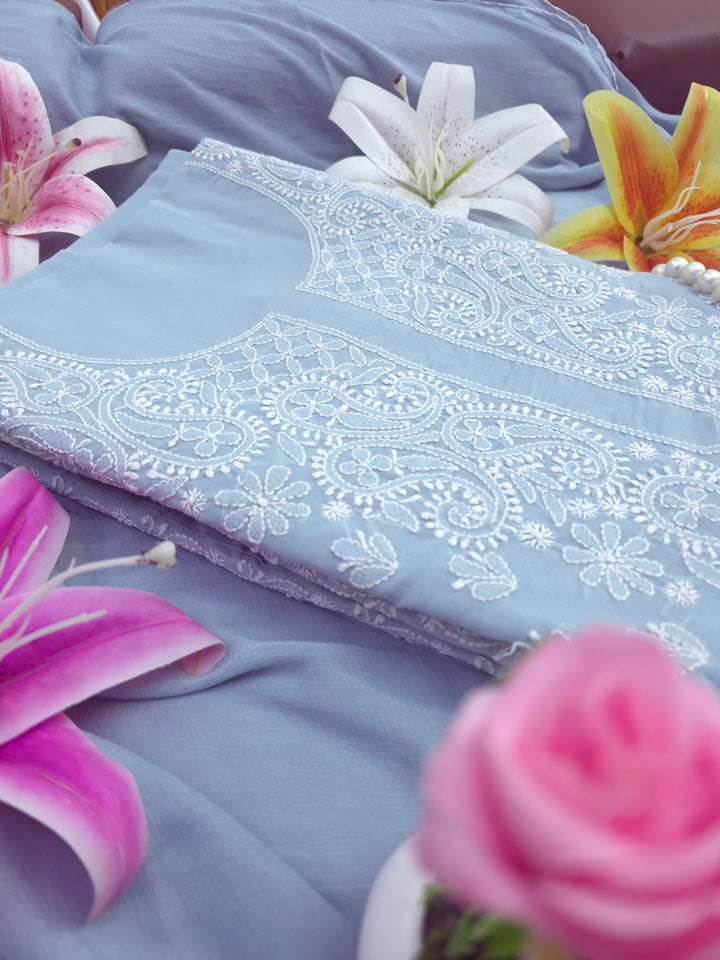 Darz Lucknowi Chikankari  Dress Material – Handmade Cotton Suit with Chiffon Dupatta