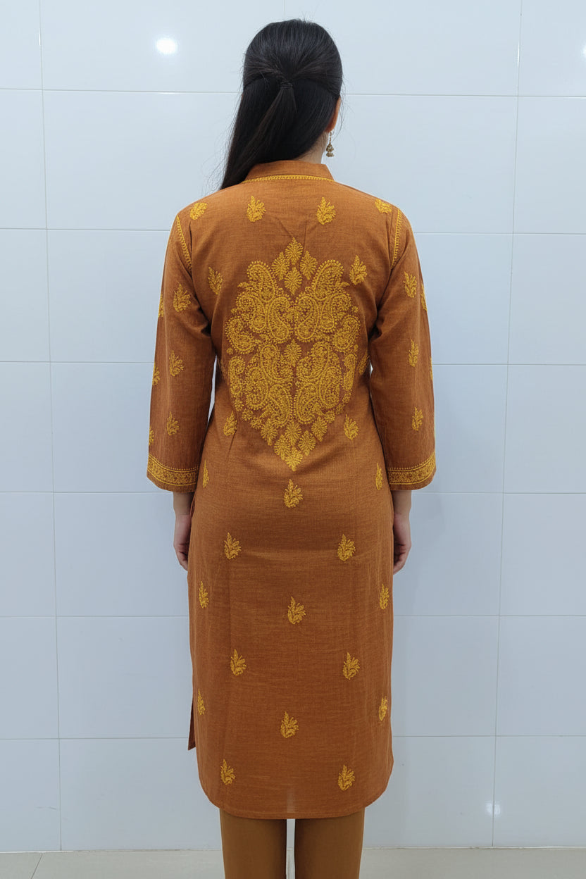 Pure Cotton Linen Lucknowi Chikankari Long Kurti | 100% Hand Embroidered | Non-Transparent | No Shrinkage