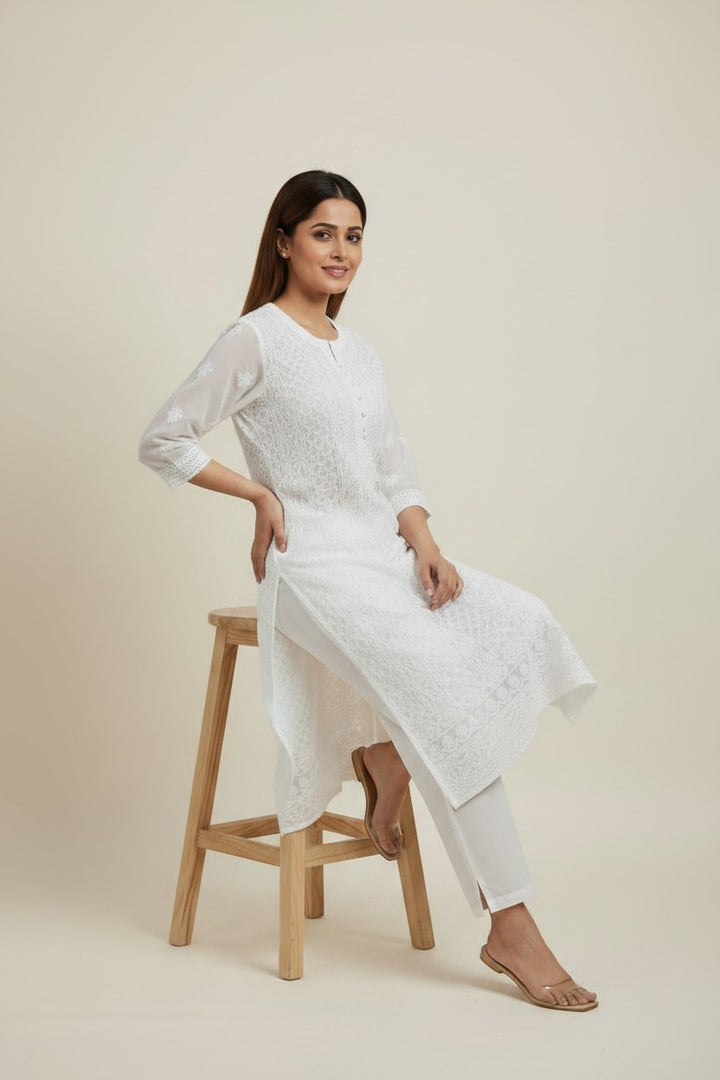 Mahi Women's Chikankari Georgette Full Embroidered Kurta | Hand Embroidered Lucknowi Ethnic Wear