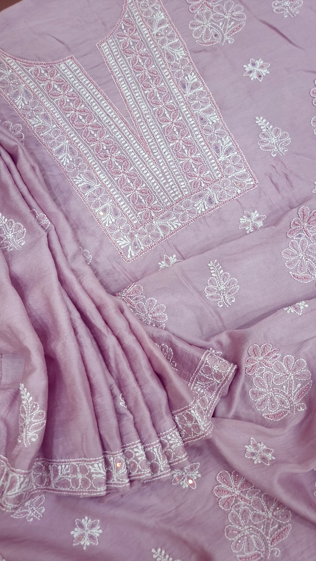 Lucknowi Chikankari Chanderi Fabric – Hand-Embroidered Kurta & Dupatta with Pearl, Resham & Badla Work
