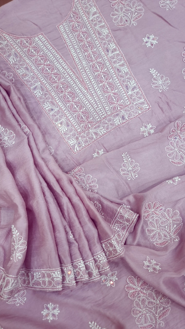 Lucknowi Chikankari Chanderi Fabric – Hand-Embroidered Kurta & Dupatta with Pearl, Resham & Badla Work