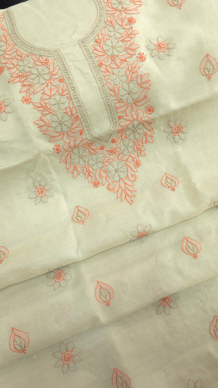 Paridhan Chikan Premium Cool Cotton Chikankari Dress Material Set with Hand Embroidered Kurta, Bottom & Chiffon Dupatta with Handmade Crochet Border
