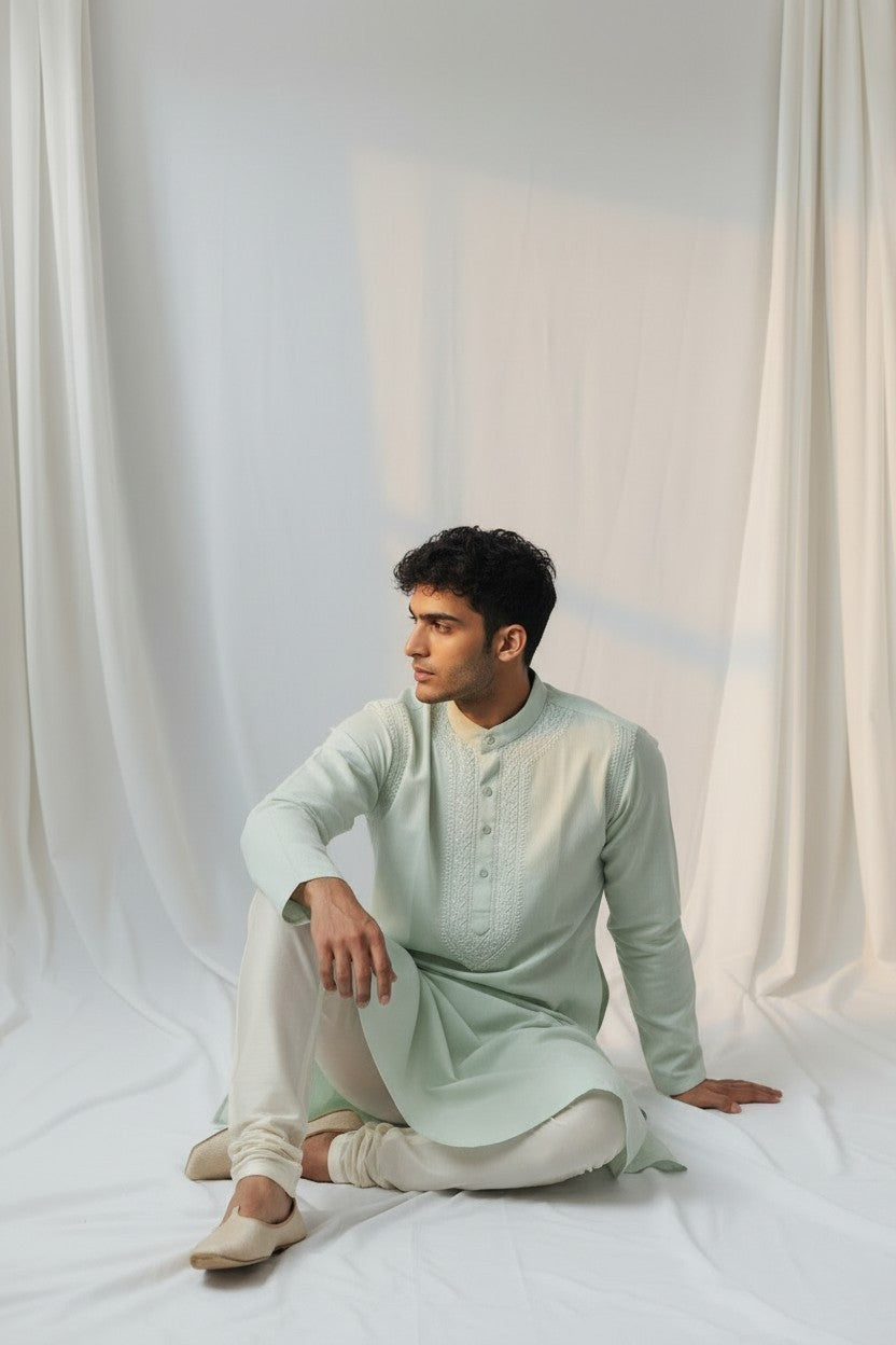 Polo Cotton hand embroidered Men's chikankari kurta-pista