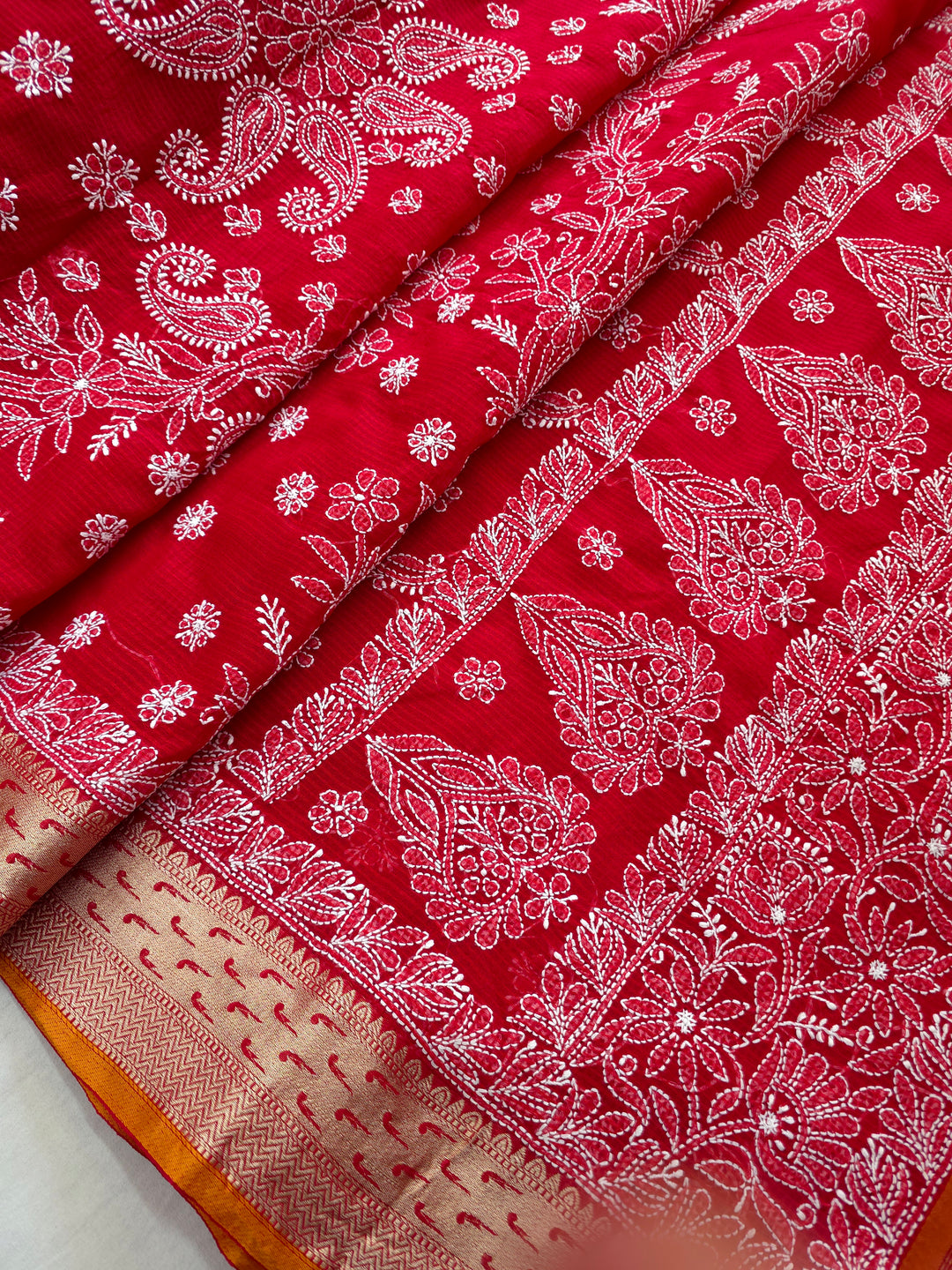 Hand Embroidered Chikankari Banarasi Silk Saree with Intricate Border & Palla Pattern – Includes  Blouse | Paridhan Chikan