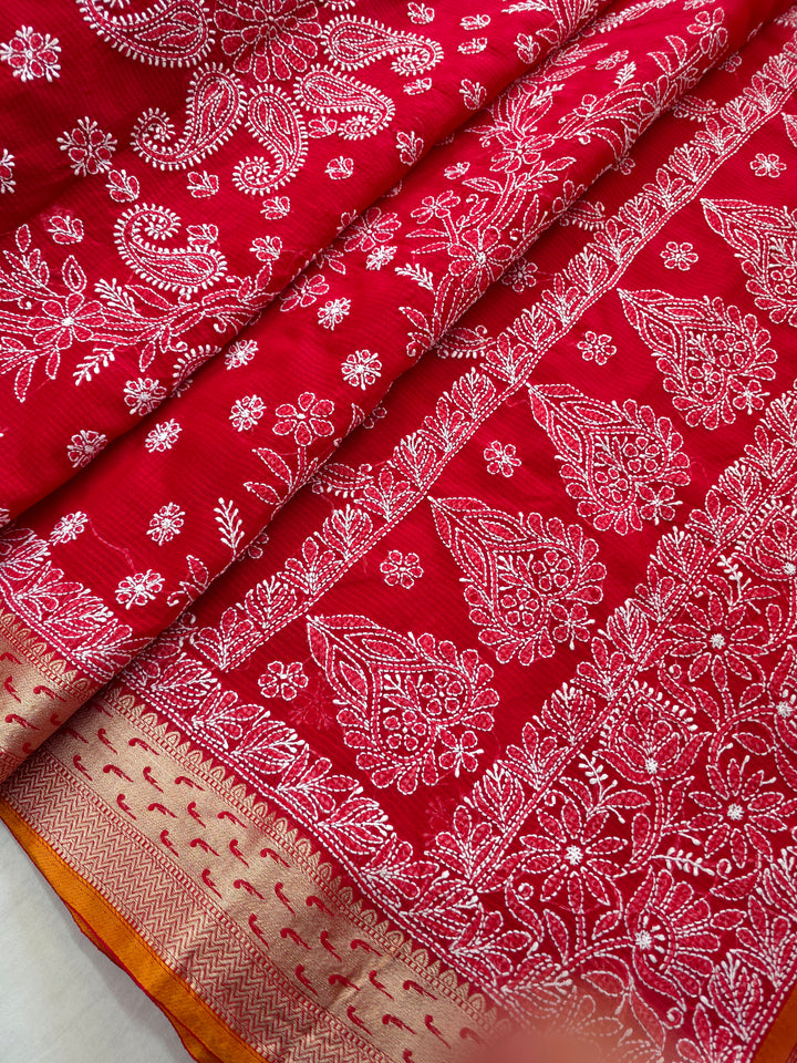 Hand Embroidered Chikankari Banarasi Silk Saree with Intricate Border & Palla Pattern – Includes  Blouse | Paridhan Chikan