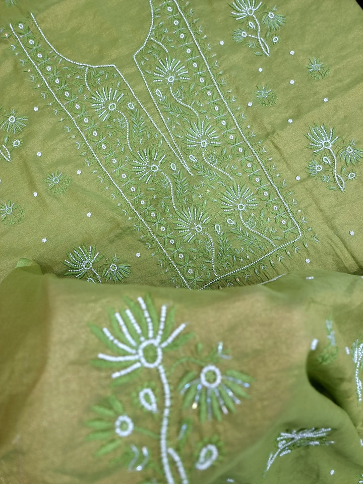 Soft Tissue Chikankari Unstitched Dress Material | 3 Taar Hand Embroidery with Pearl & Cutdana Work + Golden Border Dupatta
