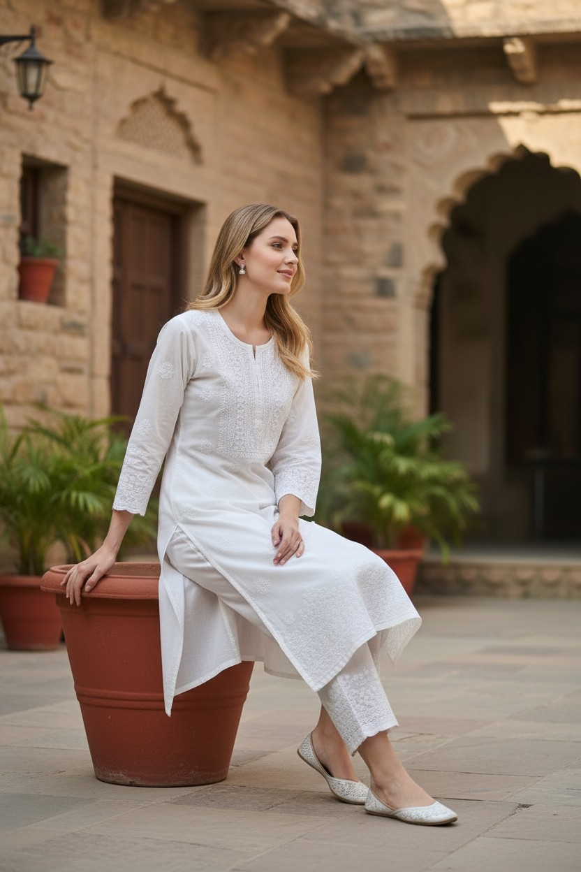 Hand Embroidery Chikankari  Kurta Pant Set