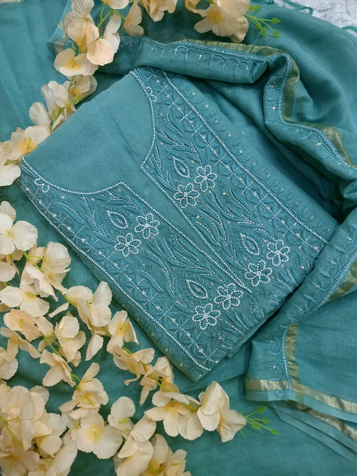 Premium Mul Chanderi Supersoft Dyeable Chikankari Dress Material | Hand Embroidered with Pearls & Cutdaana | Kurta & Dupatta Set