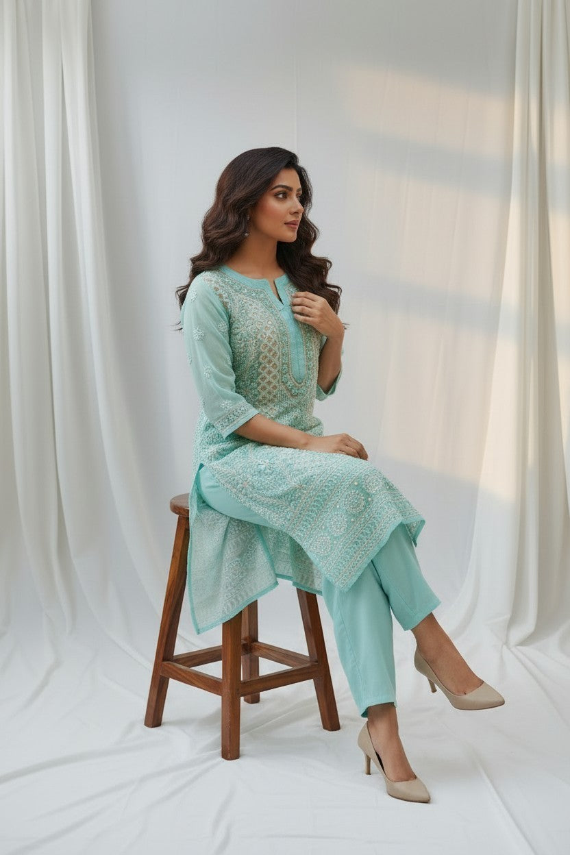 Raha Women’s Georgette Chikankari Kurti –Pearl, mirror n aari work -Designer Hand Embroidered Lucknowi Craft by Paridhan Chikan