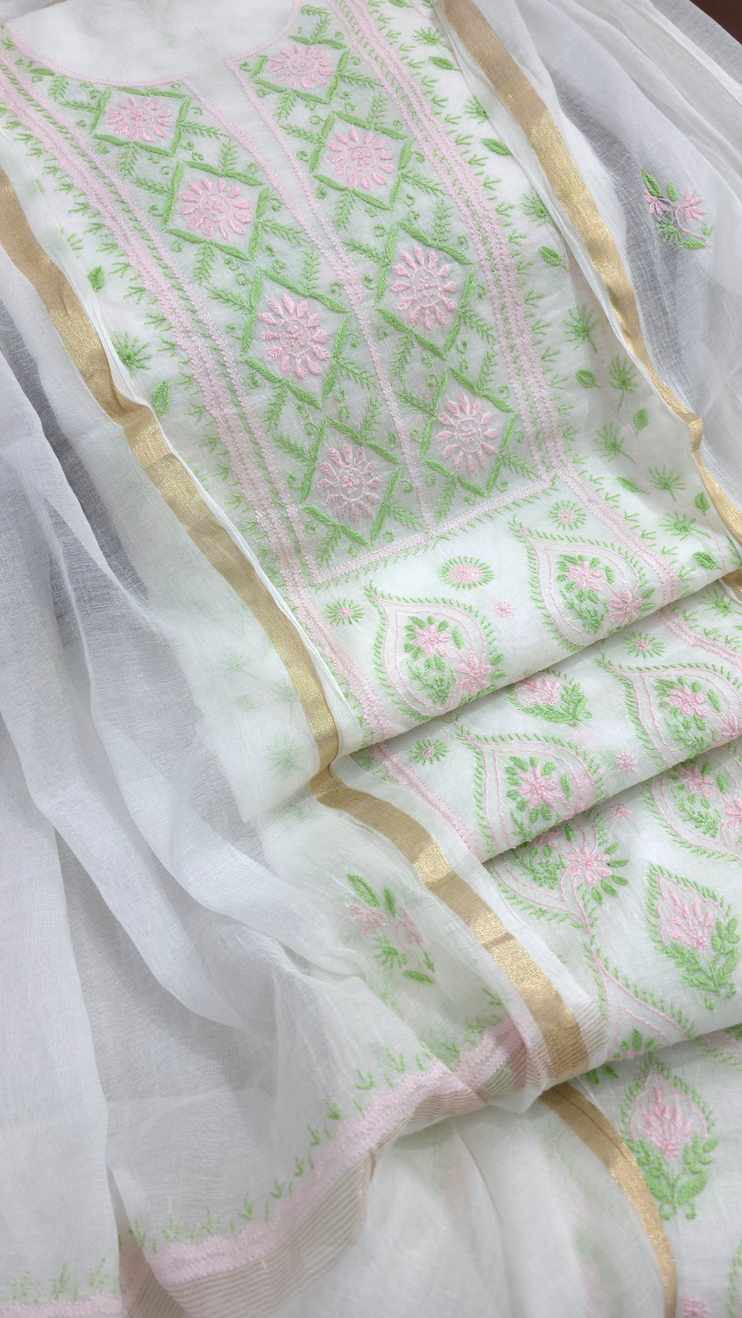 Pure Mul Chanderi 2 Taar Hand Embroidered Chikankari Unstitched Kurta (3 M) with Dupatta (2.5 M) – Lucknowi Festive Collection