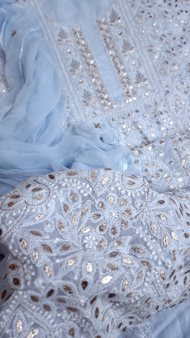 Powder Blue Unstitched Soft Cotton Chikankari Suit Set – Aari, Kasab & Gotta Patti Embellished with Pure Chiffon Dupatta