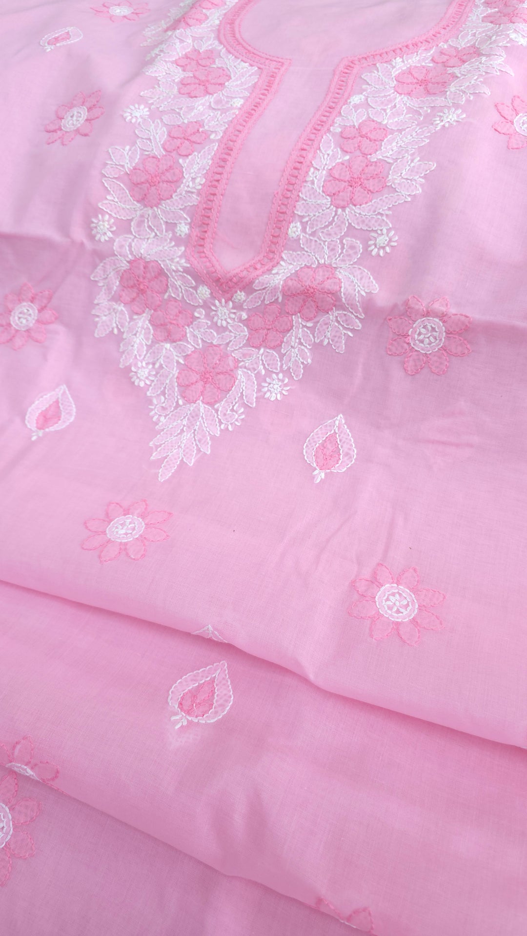 Paridhan Chikan Premium Cool Cotton Chikankari Dress Material Set with Hand Embroidered Kurta, Bottom & Chiffon Dupatta with Handmade Crochet Border