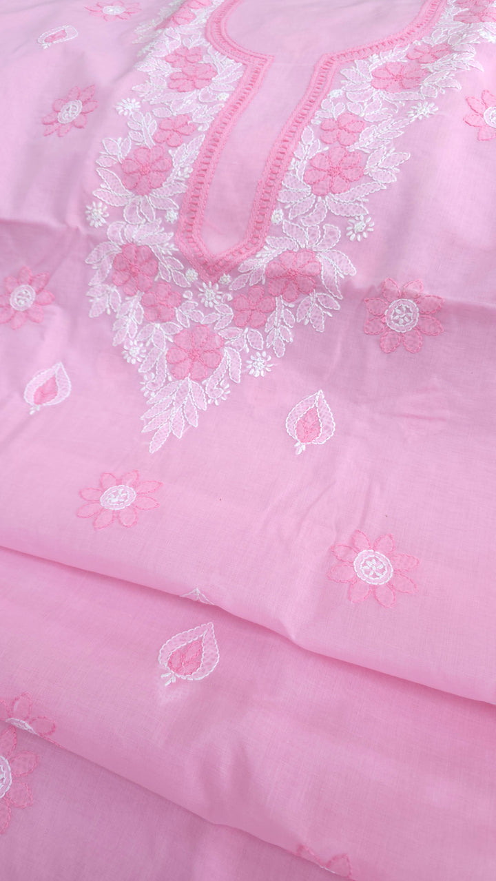 Paridhan Chikan Premium Cool Cotton Chikankari Dress Material Set with Hand Embroidered Kurta, Bottom & Chiffon Dupatta with Handmade Crochet Border