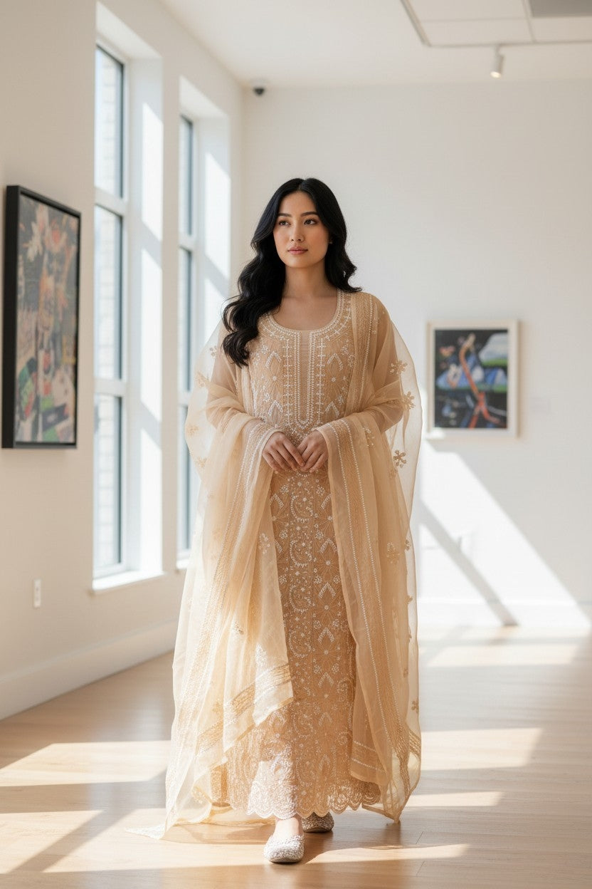 Unstitched Georgette Chikankari Dress Material | Hand Embroidered Kurta, Bottom & Dupatta