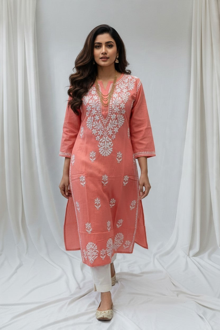 Saba Rayon Chikankari Hand Embroidered Kurti for Women | Premium Soft & Non-Transparent Fabric | 46 Inch Length | Lucknowi Chikan Kurta