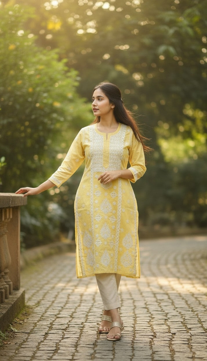 Hand Embroidery Chikankari Linen Kurti - Pastel Yellow