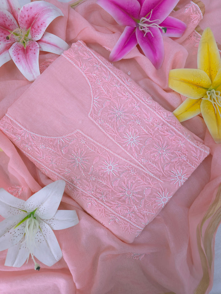 Premium Mul Chanderi Supersoft Dyeable Chikankari Dress Material | Hand Embroidered with Pearls & Cutdaana | Kurta & Dupatta Set