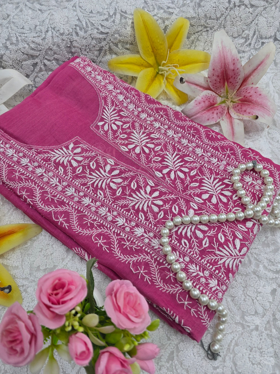 Lucknowi 2 Taar Chikankari Chanderi Kurta Dupatta Set – Handmade Festive Wear