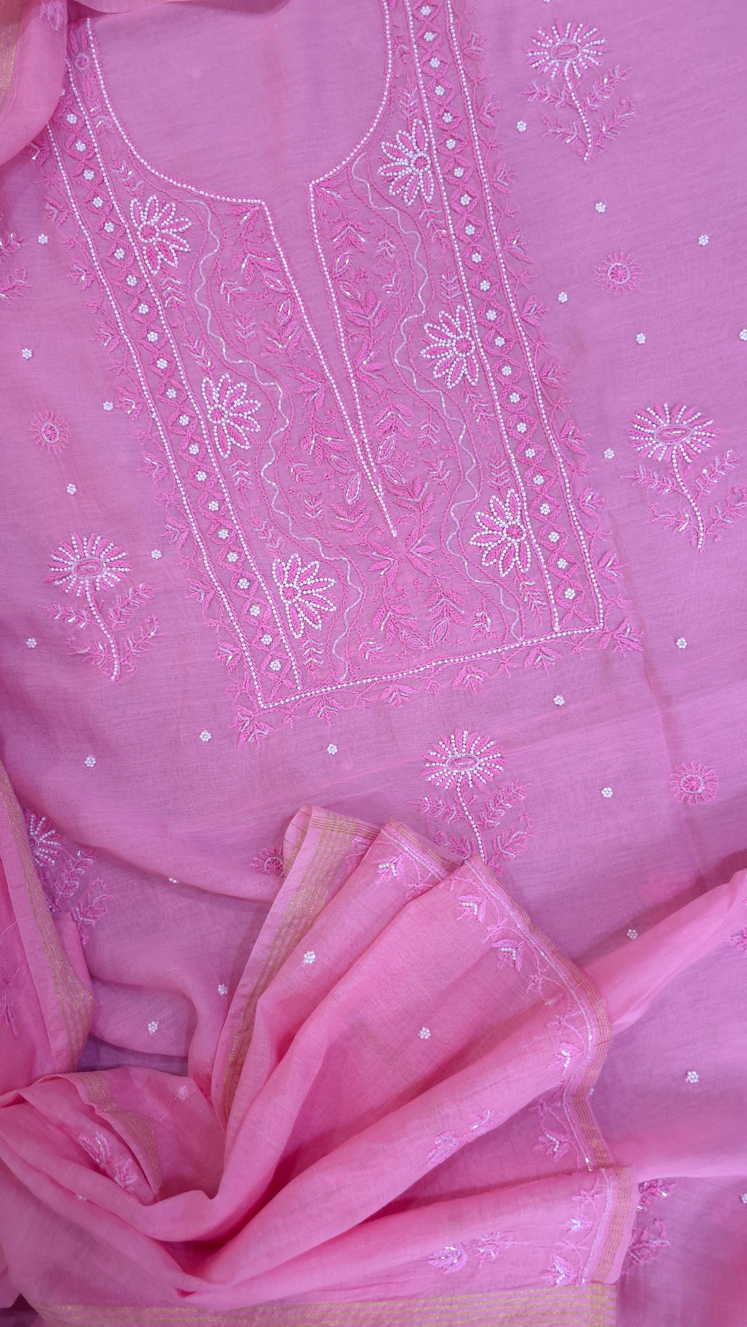 Hiba Premium Mul Chanderi Supersoft Dyeable Chikankari Dress Material | Hand Embroidered with Pearls & Cutdaana | Kurta & Dupatta Set