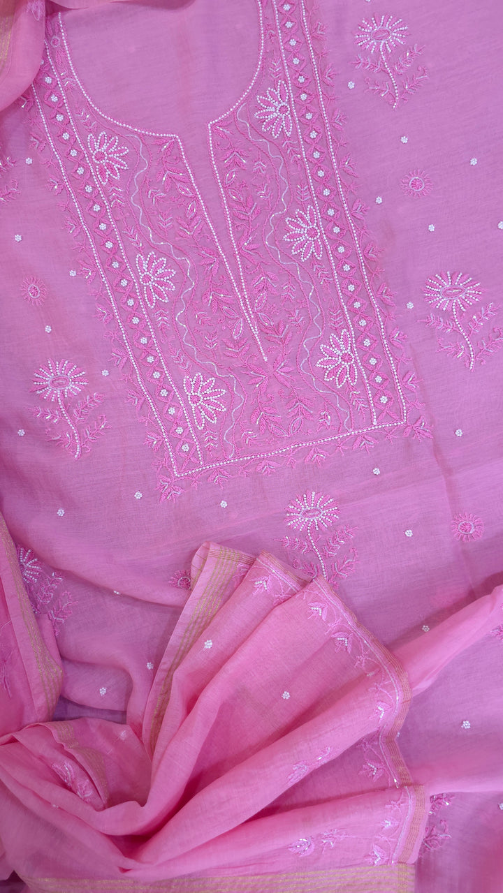 Hiba Premium Mul Chanderi Supersoft Dyeable Chikankari Dress Material | Hand Embroidered with Pearls & Cutdaana | Kurta & Dupatta Set