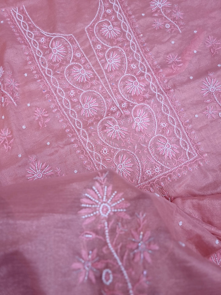 Soft Tissue Chikankari Unstitched Dress Material | 3 Taar Hand Embroidery with Pearl & Cutdana Work + Golden Border Dupatta