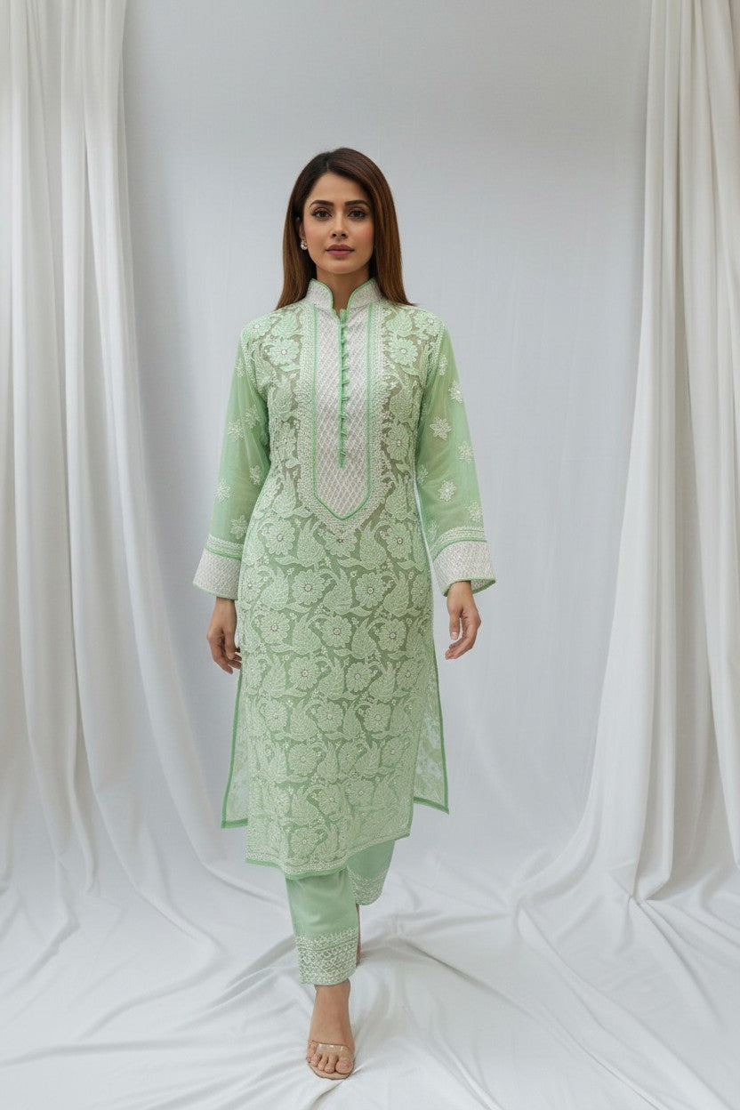 Women’s Georgette Chikankari Kurti – Designer Hand Embroidered Lucknowi Craft by Paridhan Chikan