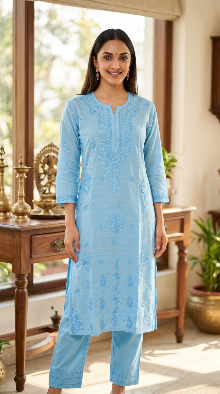Kiara Chikankari Chanderi Golden Zari Buti Kurti for Women | Soft Non-Transparent | Paridhan Chikan