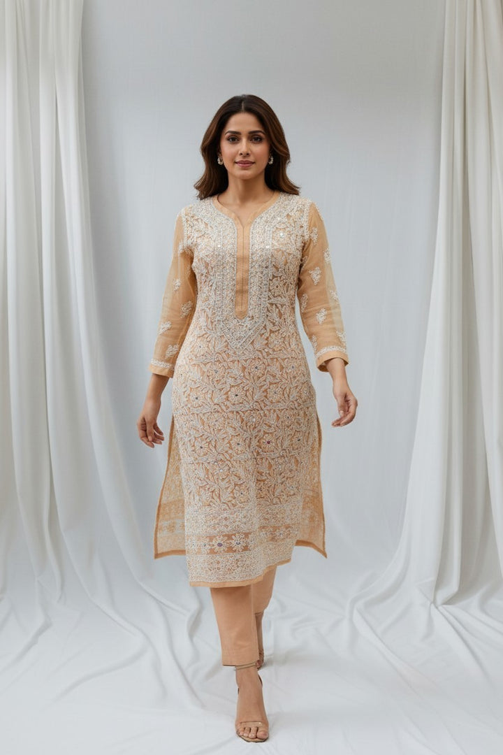 Raha Women’s Georgette Chikankari Kurti –Pearl, mirror n aari work -Designer Hand Embroidered Lucknowi Craft by Paridhan Chikan