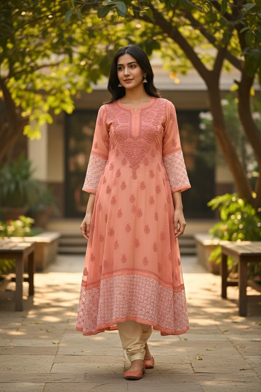 Georgette Lucknowi Chikankari 50" Long A line gown style Kurti | 100% Hand Embroidered| No Shrinkage