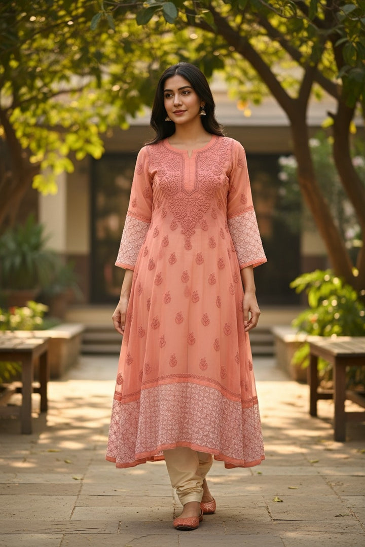 Georgette Lucknowi Chikankari 50" Long A line gown style Kurti | 100% Hand Embroidered| No Shrinkage
