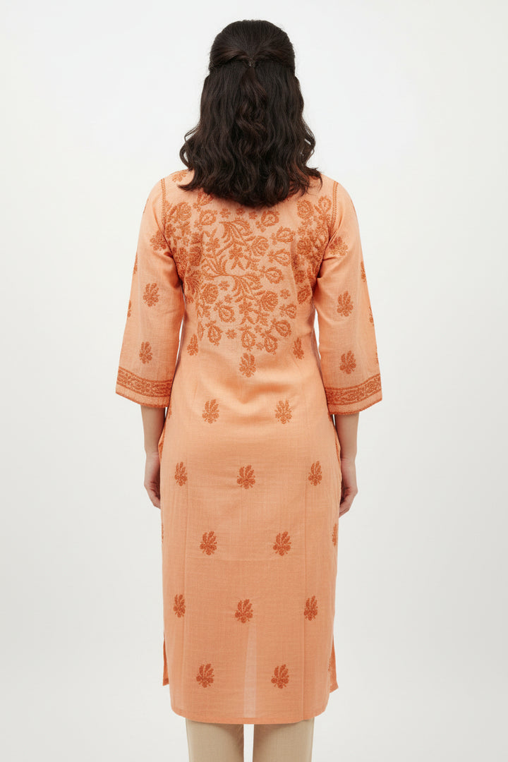 Pure Cotton Linen Lucknowi Chikankari Long Kurti | 100% Hand Embroidered | Non-Transparent | No Shrinkage