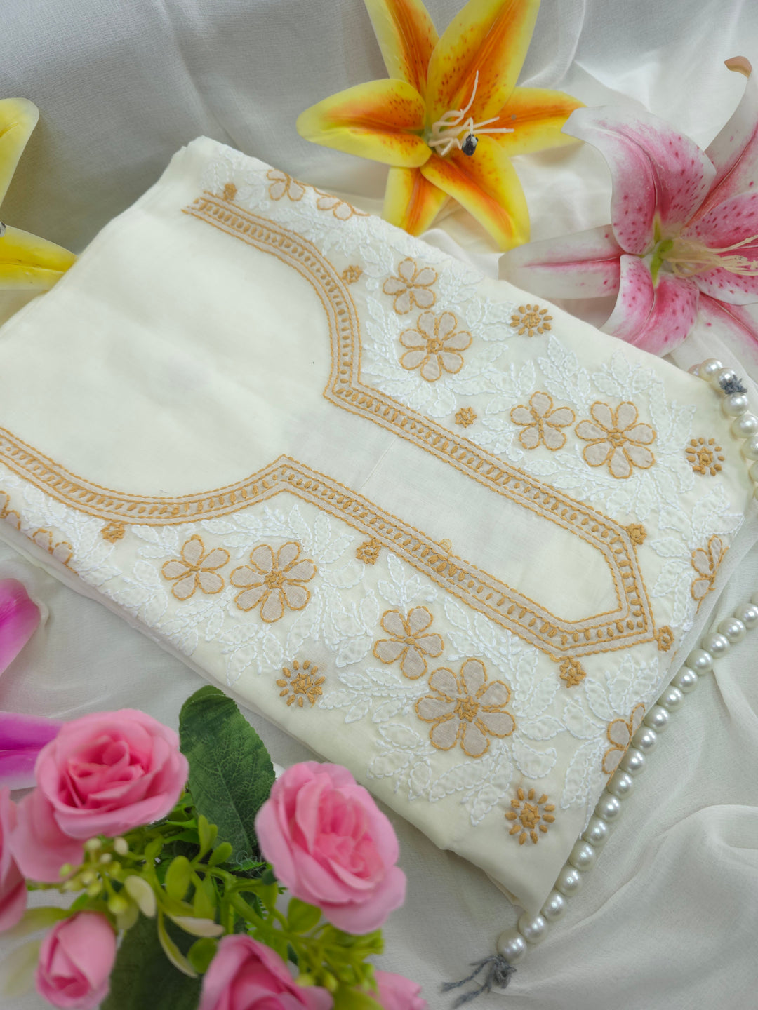 Paridhan Chikan Premium Cool Cotton Chikankari Dress Material Set with Hand Embroidered Kurta, Bottom & Chiffon Dupatta with Handmade Crochet Border