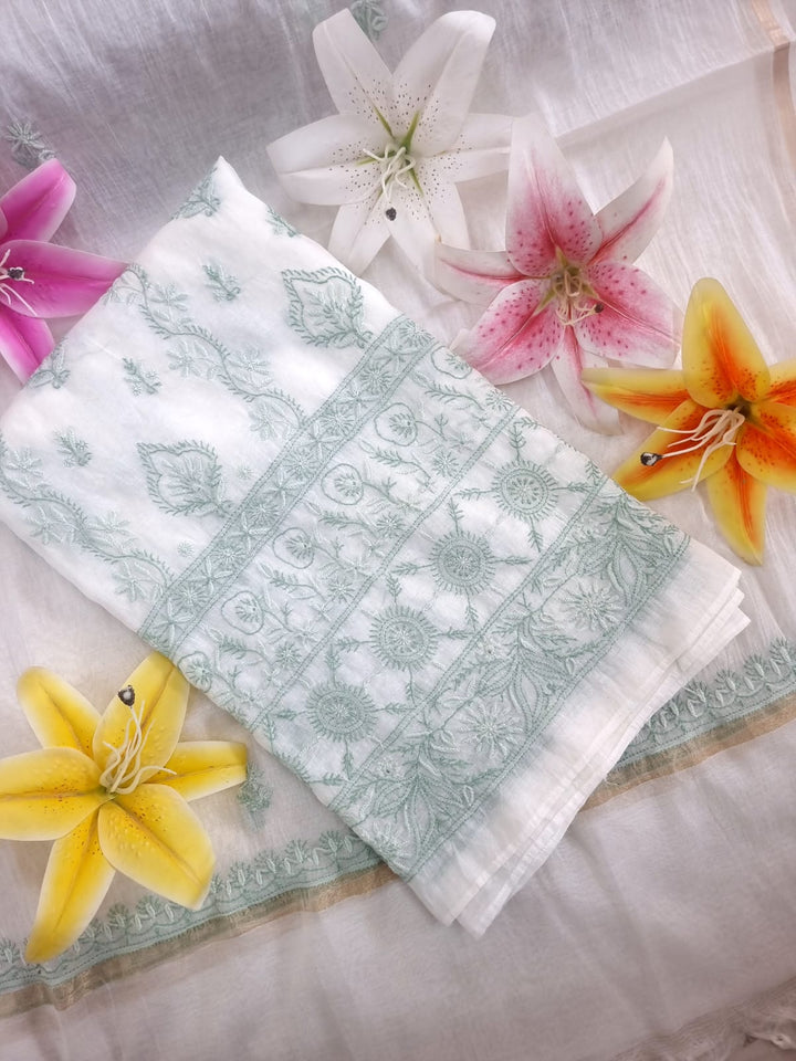 Pure Mul Chanderi 2 Taar Hand Embroidered Chikankari Unstitched Kurta (3 M) with Dupatta (2.5 M) – Lucknowi Festive Collection