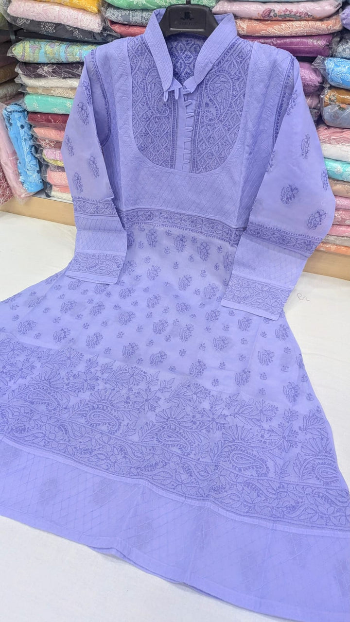Cotton Lucknowi Chikankari 46" Long A-line Kurti | 100% Hand Embroidered| No Shrinkage