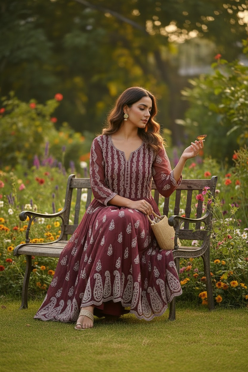 Georgette Lucknowi Chikankari 50" Long Anarkali Kurti | 100% Hand Embroidered| No Shrinkage