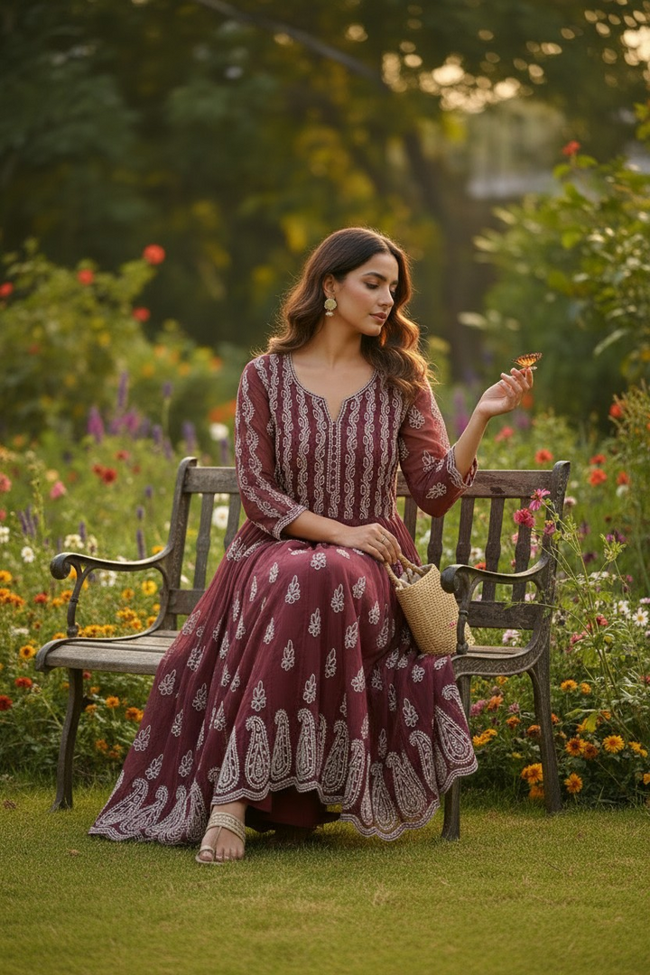 Georgette Lucknowi Chikankari 50" Long Anarkali Kurti | 100% Hand Embroidered| No Shrinkage