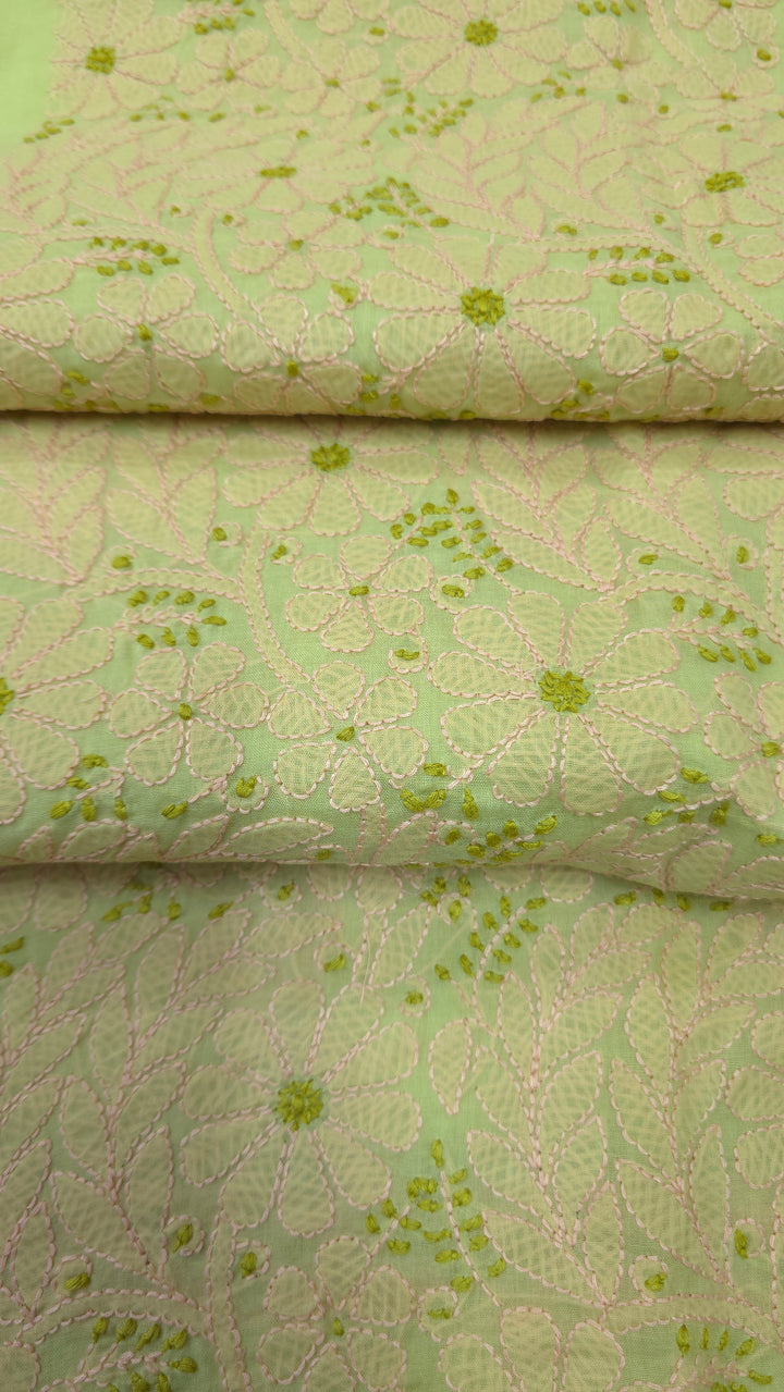 Lucknow Chikankari Hand Embroidered Cotton Dress Material with Tri-Color Motifs & Pure Chiffon Dupatta