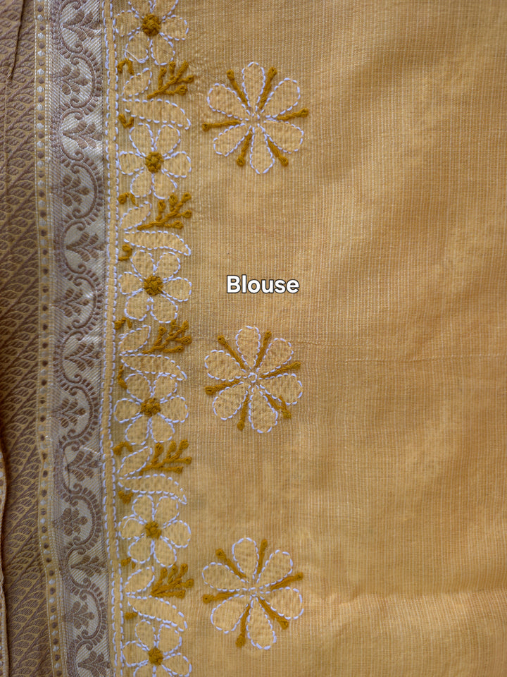 Hand Embroidered Chikankari Banarasi Silk Saree with Intricate Border & Palla Pattern – Includes  Blouse | Paridhan Chikan
