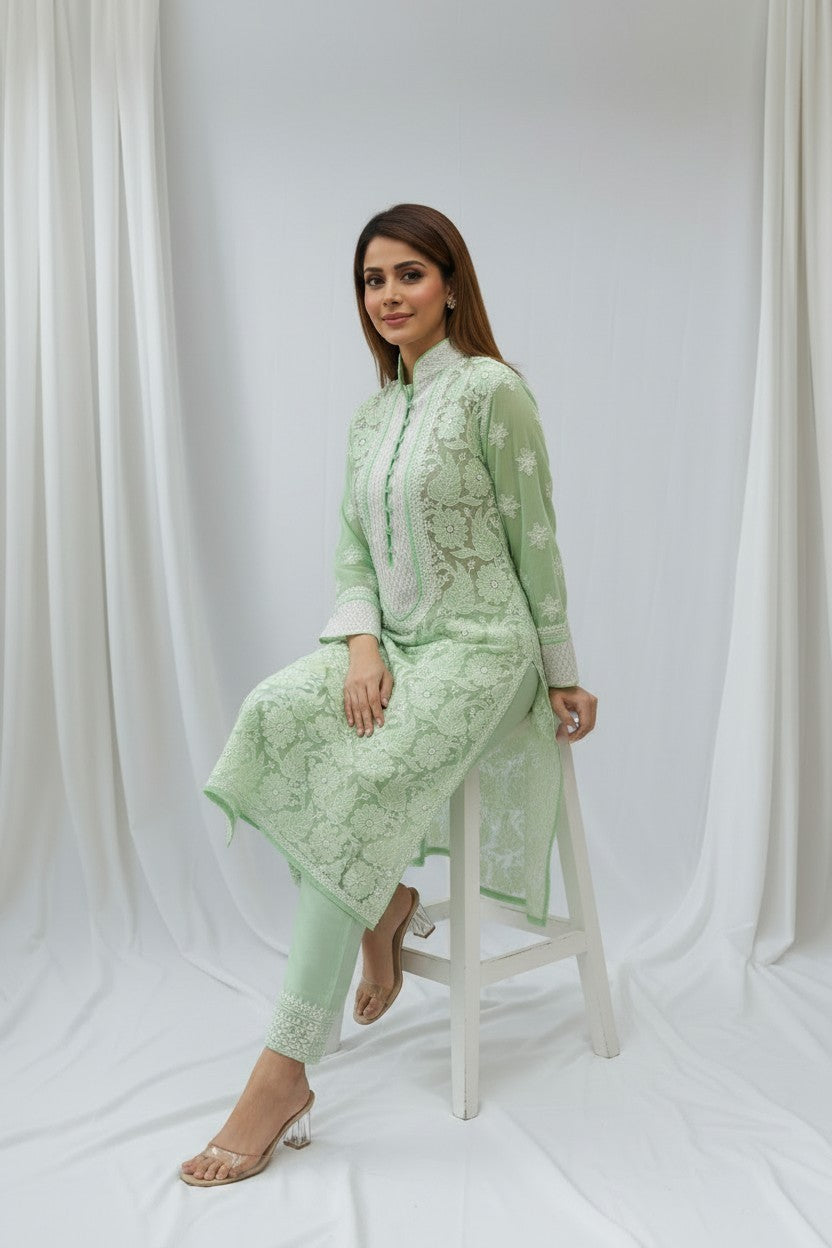Women’s Georgette Chikankari Kurti – Designer Hand Embroidered Lucknowi Craft by Paridhan Chikan