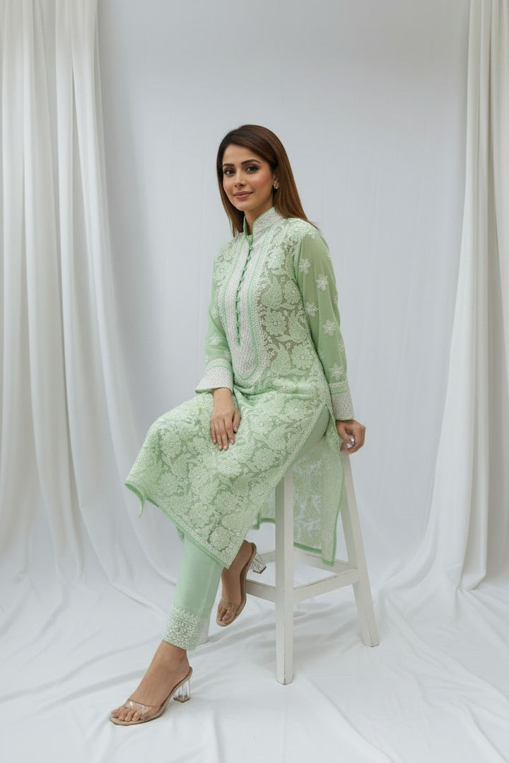 Women’s Georgette Chikankari Kurti – Designer Hand Embroidered Lucknowi Craft by Paridhan Chikan
