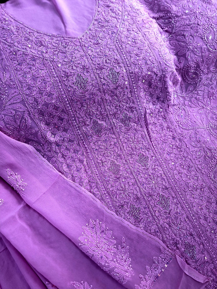 Pure Premium Luxury Georgette Hand-Embroidered Chikankari Dress Material with Dupatta & Crape Bottom – Paridhan Chikan